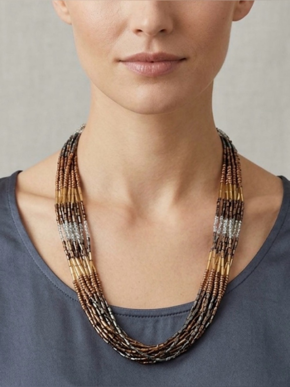 Ombré Gold Silver Seed Bead Multi Strand Statement Necklace Boho 80s